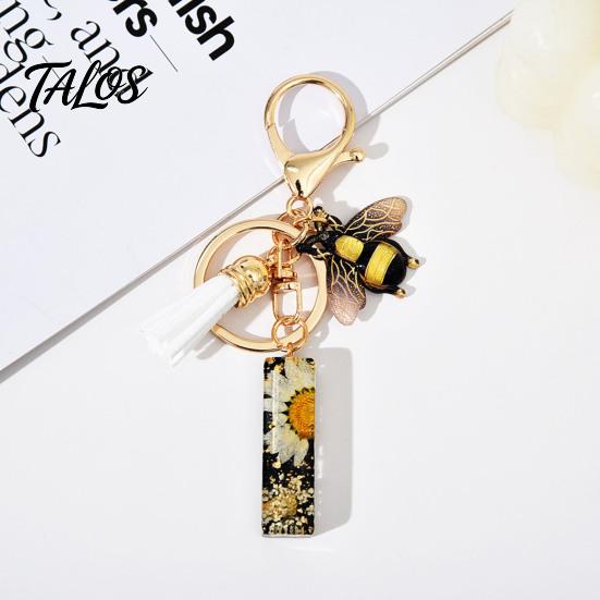 Talos Black Series Keychain Pendant, Dried Flower Initial Letter Charm Key Chain with Bee Tassel Design, A-Z Holder for Bag Purse Backpack