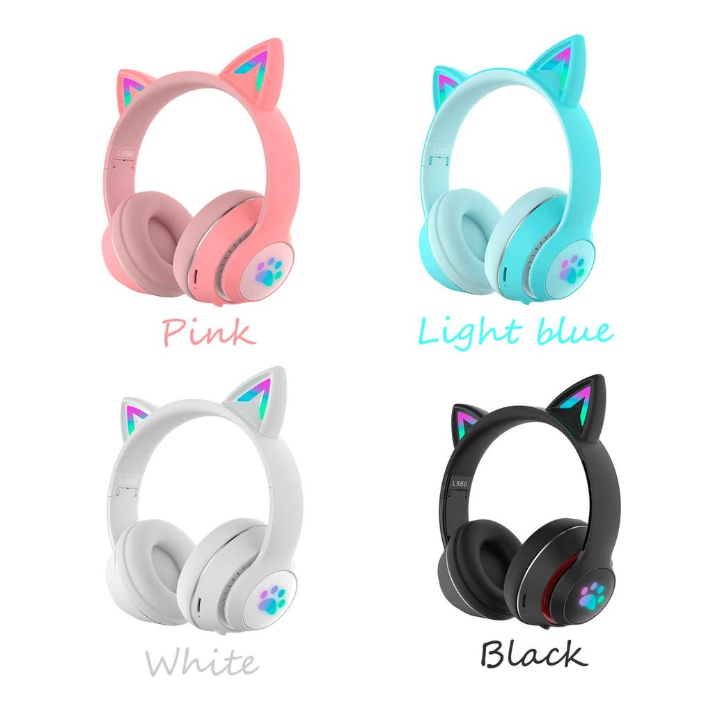 Cute Cat Ear Headset, Bluetooth Earphones, Wireless Sports Stereo Headset for Women with Illuminated Cat Ears, 5.0 Sound Quality, LED Lights,