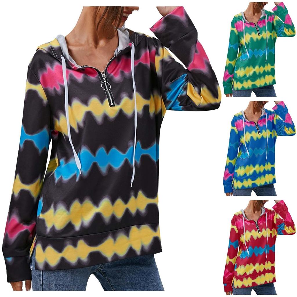 Women's Fashion Wave Printed Striped Drawstring Hooded Casual Sweatshirt Top