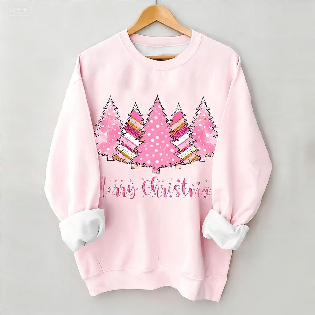 Women's Christmas Tree Printed Fashionable Round-neck Long-sleeved Sweatshirt Top