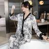 Pajama Sets Female Cardigan Home Wear V-Neck Ink Painting Long-Sleeved Trousers Ladies Silk Comfortable Sleepwear