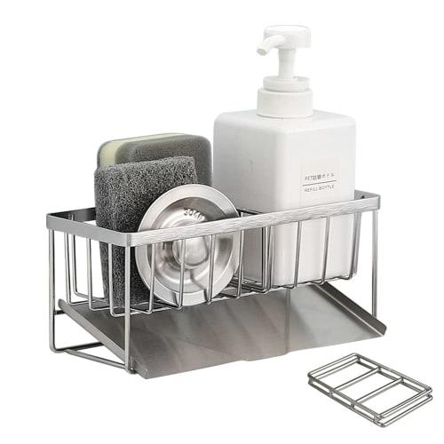 Kiranic Sponge Holder, Sponge Rack with Two Movable Dividers, Stainless Steel, Rust-Resistant, Bottle Holder, Detergent Holder, Scrubber Holder, Spong