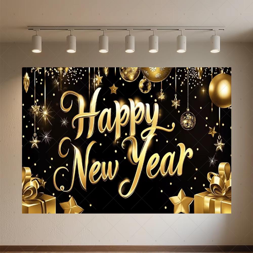 Black Gold New Year Background Banner Glitter 2026 Happy New Year Backdrop Supplies Balloons New Year Party Decoration Gifts