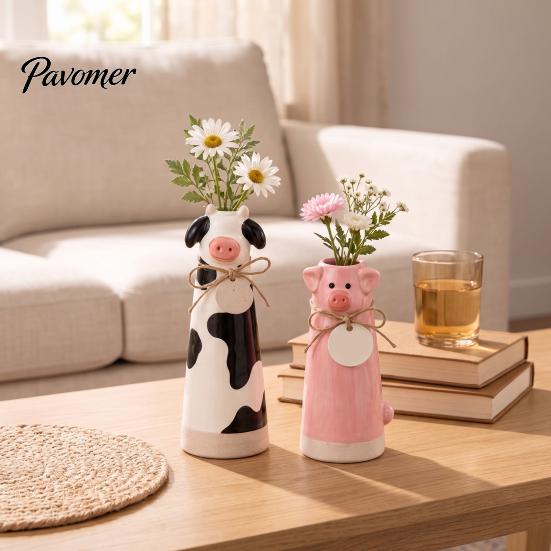 Cute Resin Flower Holder Animal Vase, Farmhouse Decorative for Home Unique Housewarming Gift Office Decor, Pig/Cow/Sheep/Chicken Arrangement Tabletop