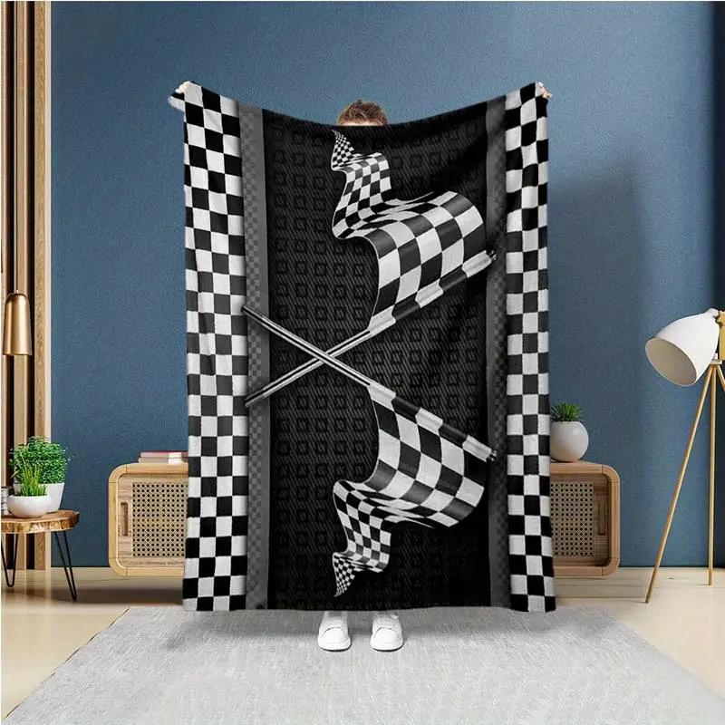 Black and White Checkered Flag Art Print Blanket - Flannel Blanket, Racing Theme for Sofa, Bed, Picnic and Casual Office Use