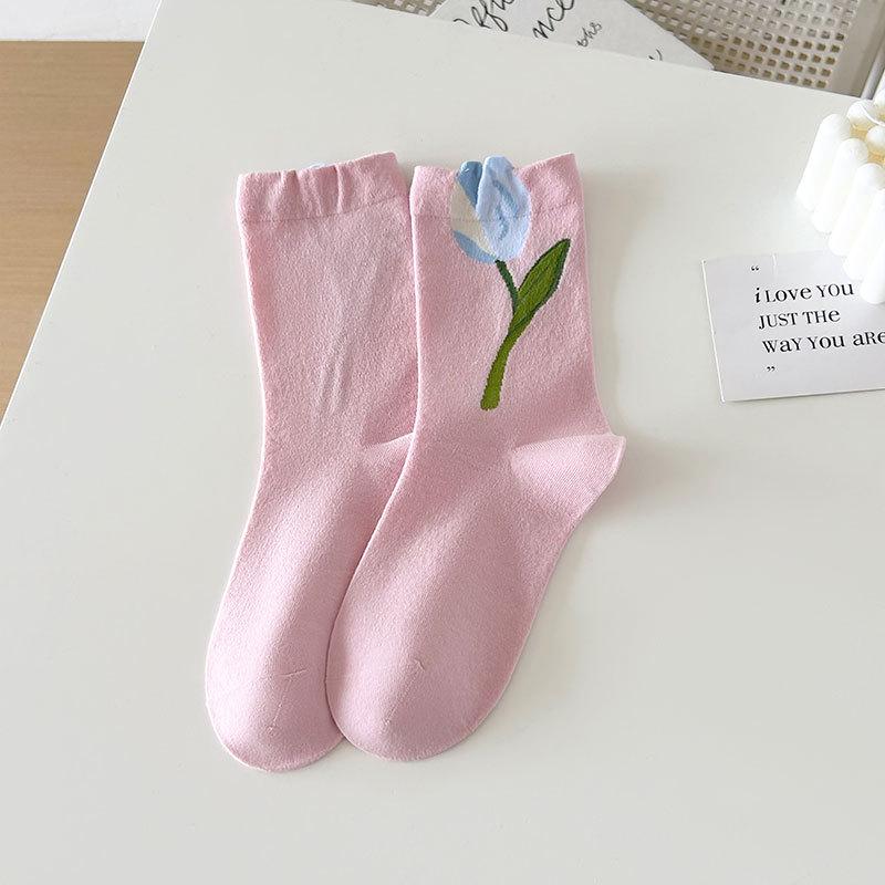 Women's Spring and Summer White Japanese-Style Cartoon Tulip Short Socks.