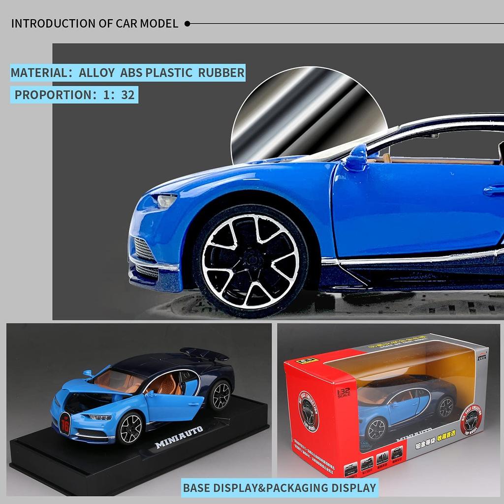 1:32 Scale Bugatti Chiron Diecast Car Model Toy, Zinc Alloy Pull Back Vehicle with Lights And Music for Kids Boyfriend Young People Gift Collection