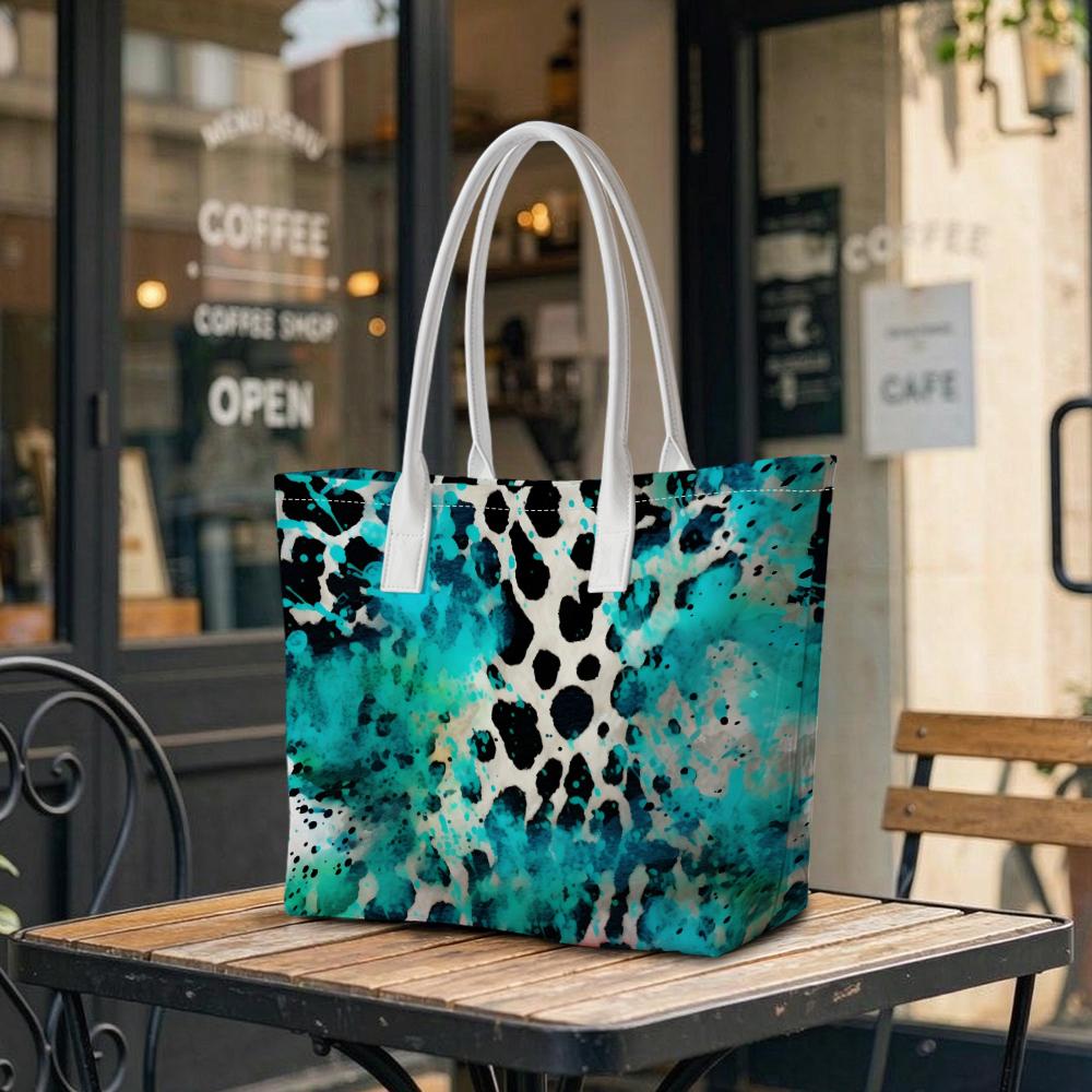 Watercolor Teal Leopard Print Tote Bag Fashion Daily Casual Top Handle Shoulder Bag for Women Outdoor Shopping