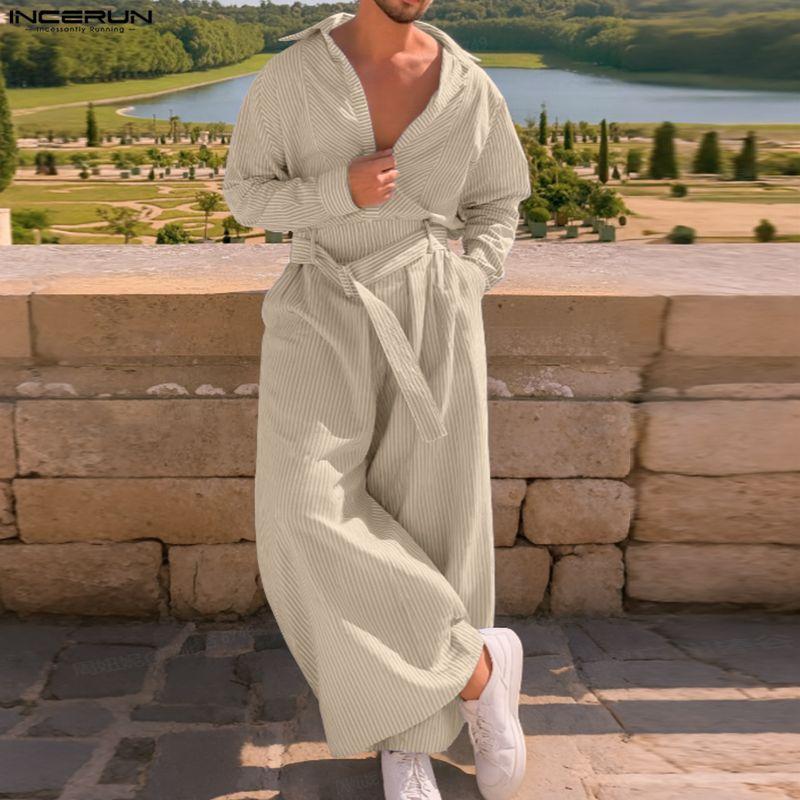 INCERUN 2PCS Men Striped Long Sleeve Shirts Long Pants Casual Outfits Sets