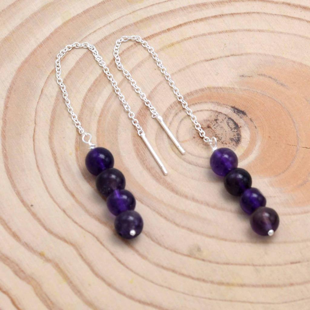 Amethyst 925 Silver Threader Earrings, Natural Gemstone Women Handmade Fringe Earrings