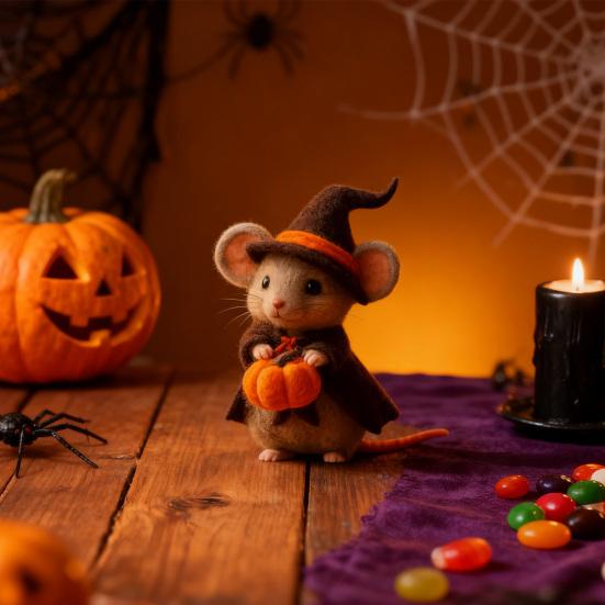 Halloween Pumpkin Mouse Ornament with Witch Hat Handmade Wool Felt Decoration Birthday Parties Props Halloween Decoration