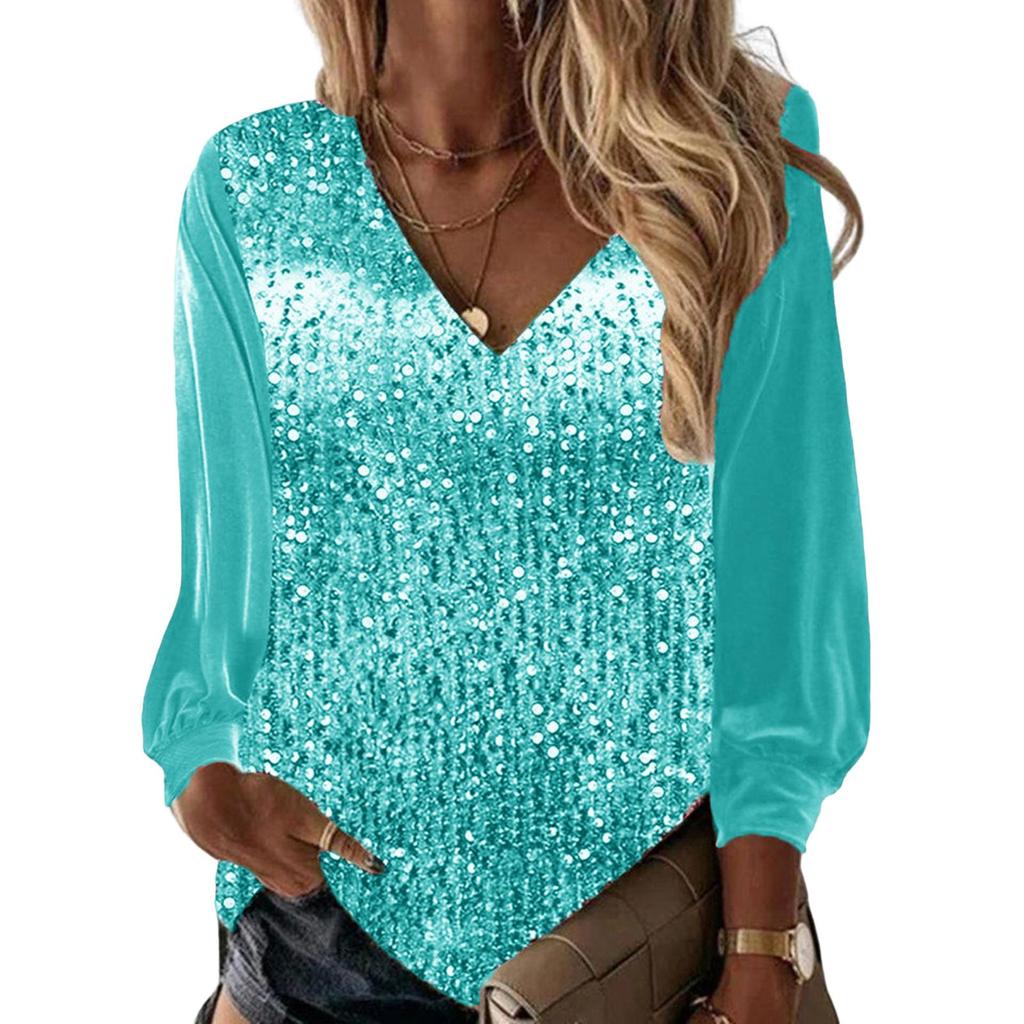Lady Top V-neck Dressing Up Breathable Stylish Women Sequins Spring Tee Shirt Daily Clothing