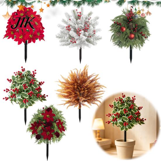 Durable Plastic Greenery Artificial Poinsettia Flower Yard Stake, Red Christmas Floral Ground Spike Decor, Outdoor Decorations Weather?Resistant