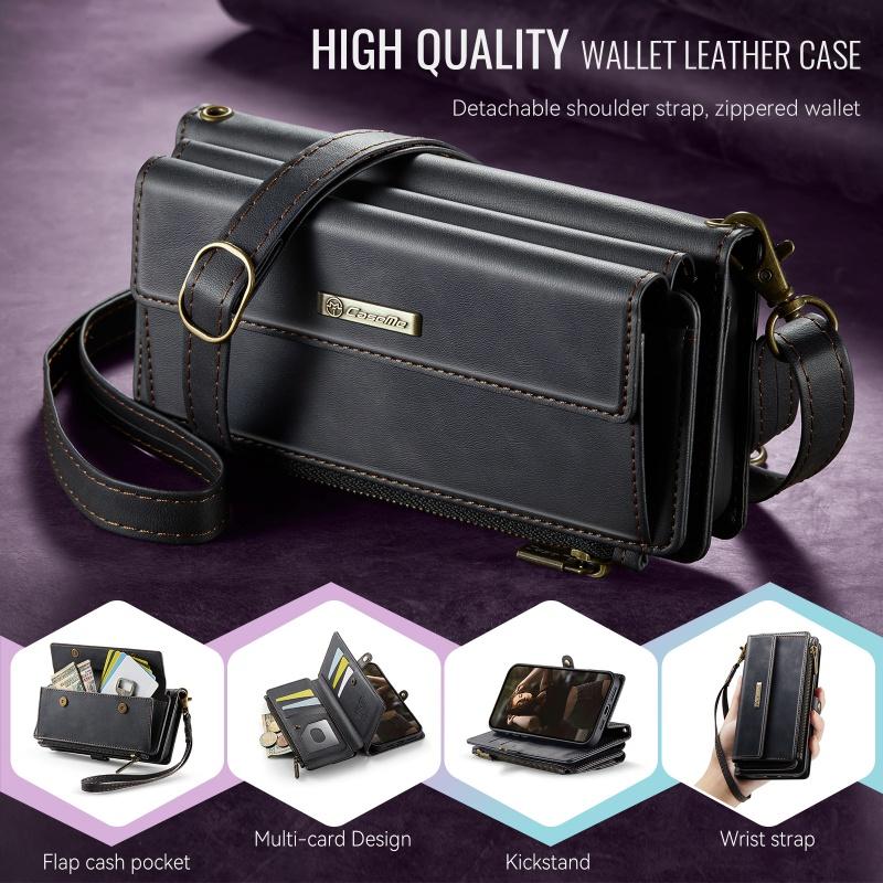 Чехол-бумажник с длинным ремешком из флип-кожи для Samsung Galaxy S26 Ultra S25 FE S24 Plus S23 S22 S21 A57 A17 A16 A56 A15 A55 A14 A54 с молнией и карманами для карт