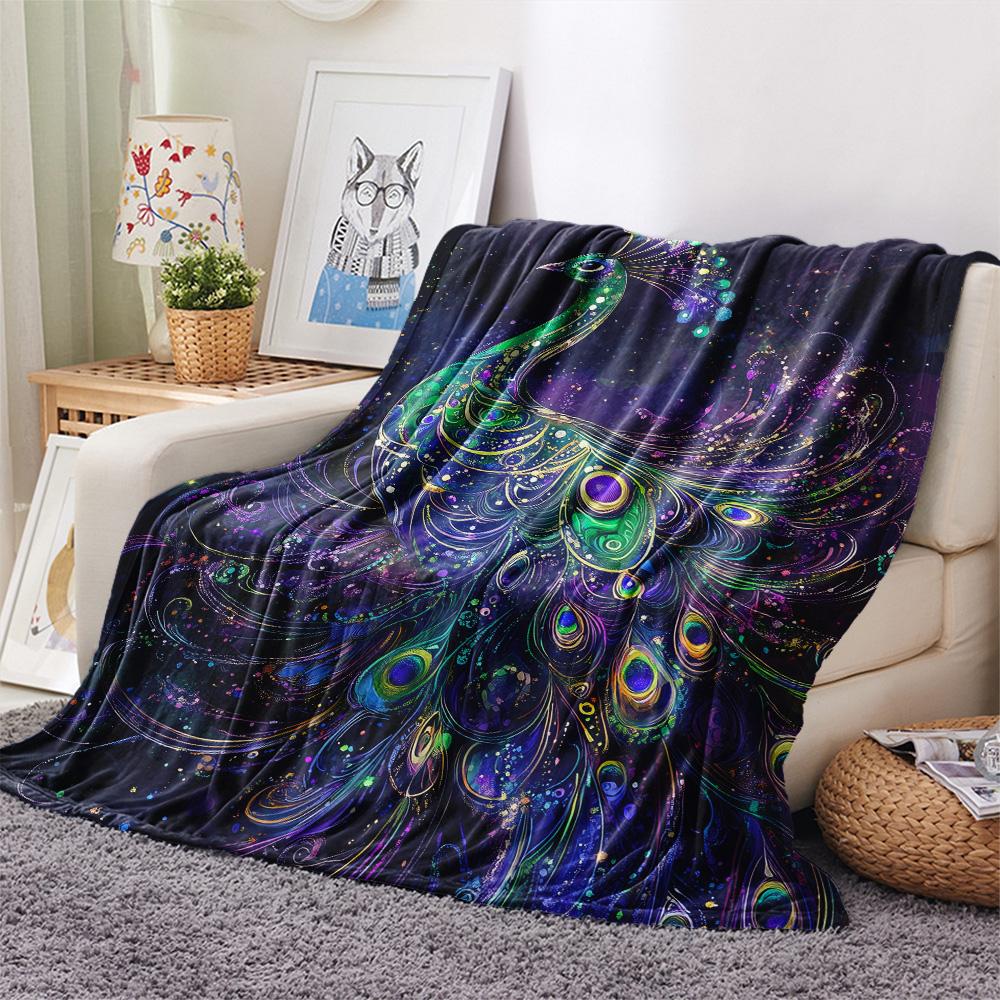 Peacock Spreading Its Tail Print Flannel Blanket, High quality Comfortable for All Seasons, Home Decor, Warmth and Comfort