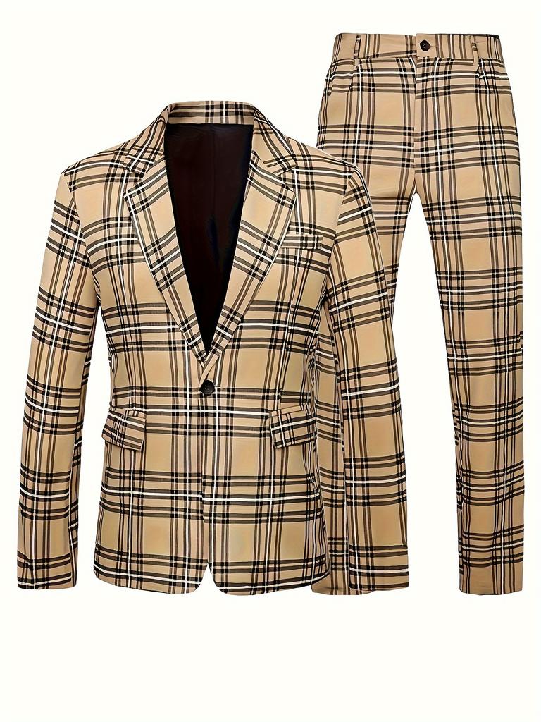 Комплект из 2 предметов: мужской клетчатый костюм больших размеров, пиджак на одной пуговице с лацканами и брюки для делового и повседневного ношения, подходящий для официальных мероприятий