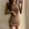 Korean Style Tea Color Pleated Bodycon Dress – Slimming, Waist-Cinching, Long Sleeve Short Skirt for Autumn/Winter.
