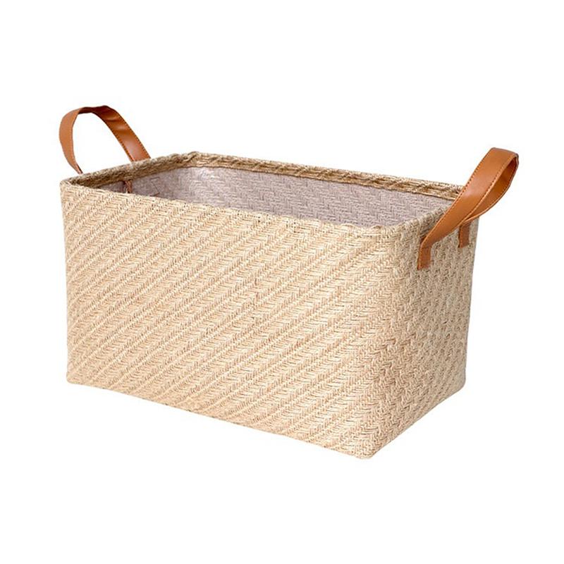 WCIC New Wicker Baskets Jute Rectangular Storage Basket With Handle Foldable Sundries Organizer Home Decor