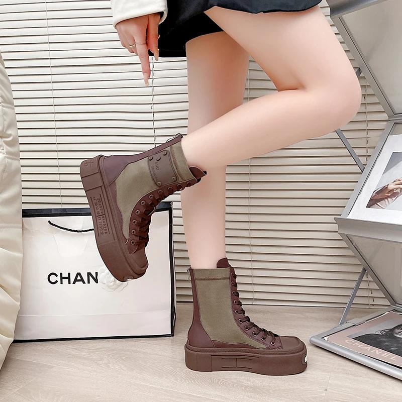 Модные высокие толстые парусиновые женские сапоги на толстой подошве 2024 года, осень, новые квадратные универсальные спортивные модные короткие сапоги на шнуровке для женщин