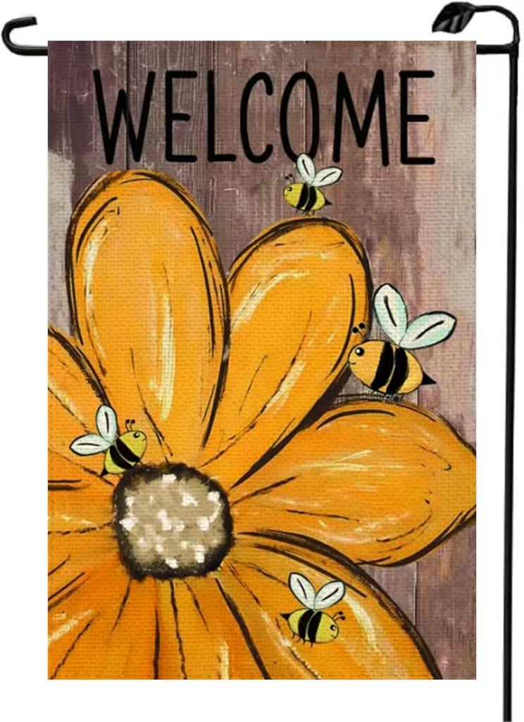 Summer Sunower Bee Welcome Garden ag 12x18 Inch Double Sided Burlap Small Seasonal Wood Grain Outdoor Lake House Decor Y WZZ
