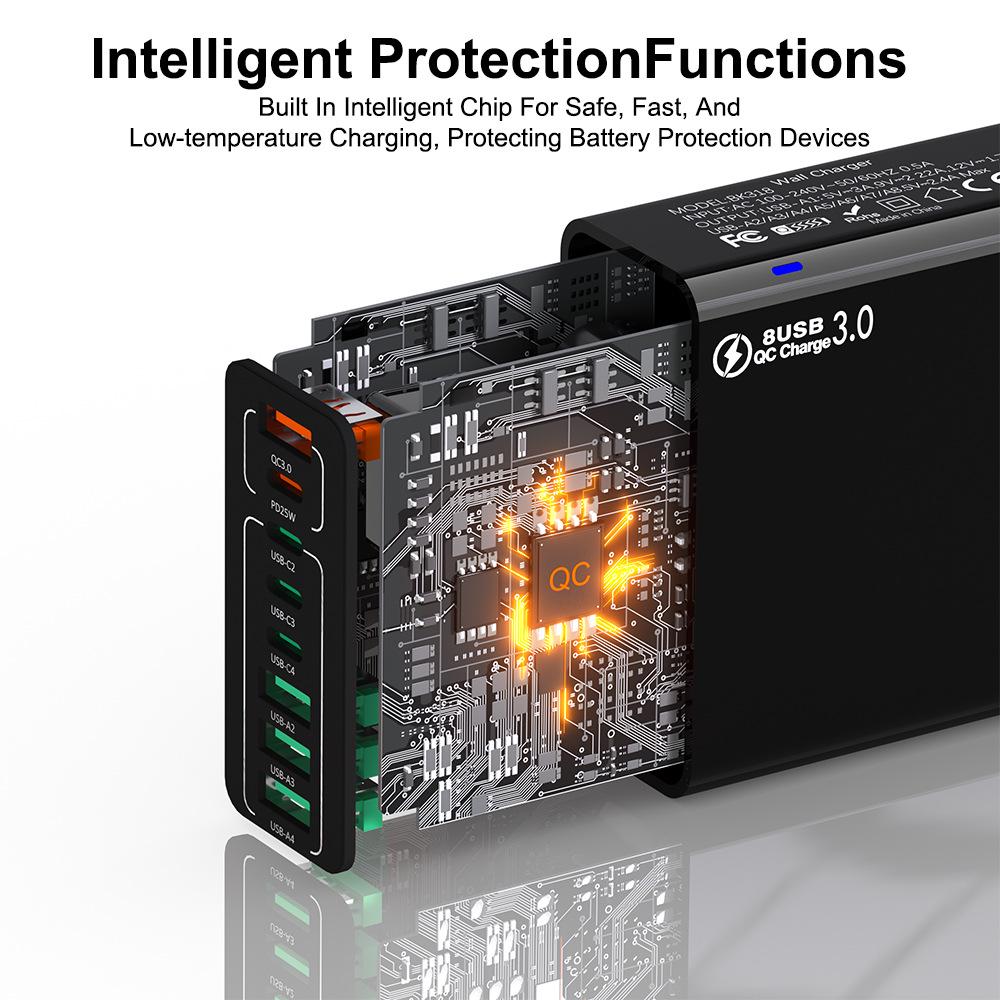 Быстрое зарядное устройство PD 55 Вт на 8 портов: 4 USB, 4 PD, QC3.0, Стандарт EU/US/KR