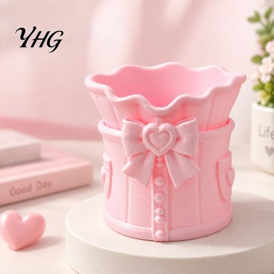3D Printed Pen Cup Pink Bow Makeup Brush Holder, Desk Organizer, Cosmetic Decorative Holder Brushes & Storage for Vanity Decoration Sundries Container