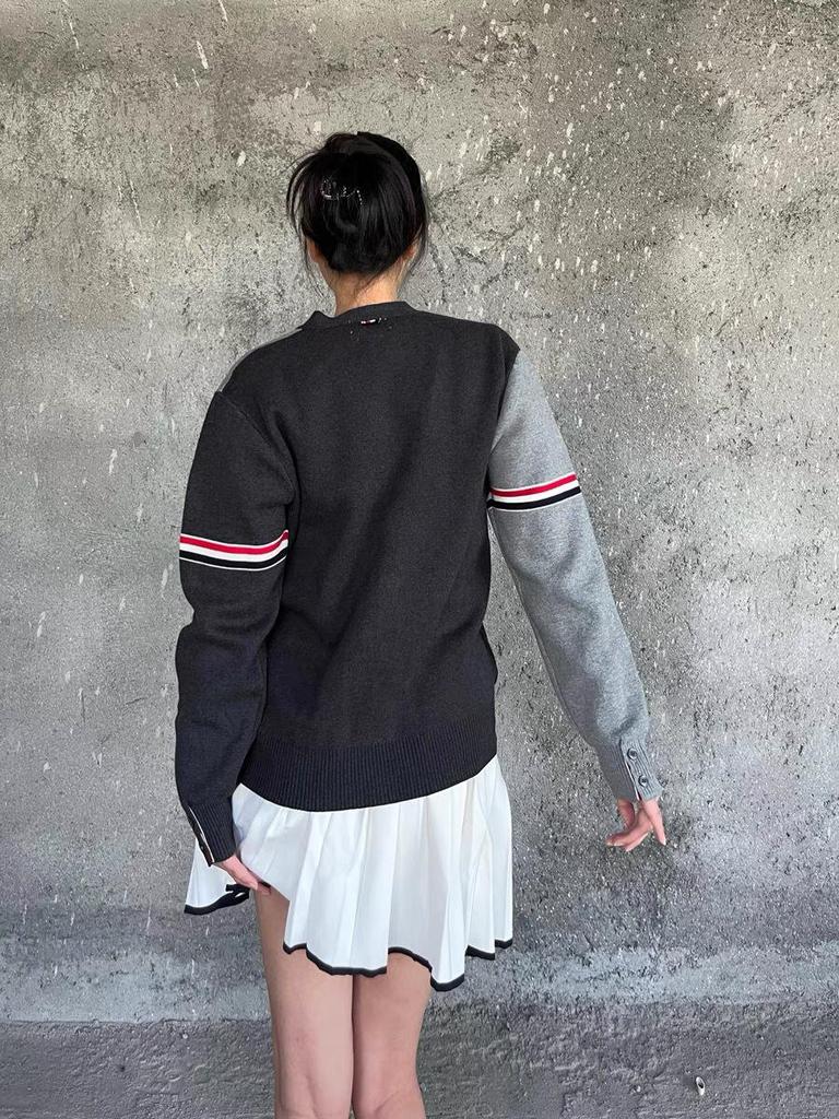 Autumn/Winter Unisex Double Sleeve Cotton Cardigan – Red, White & Blue Color Block with Five Buttons