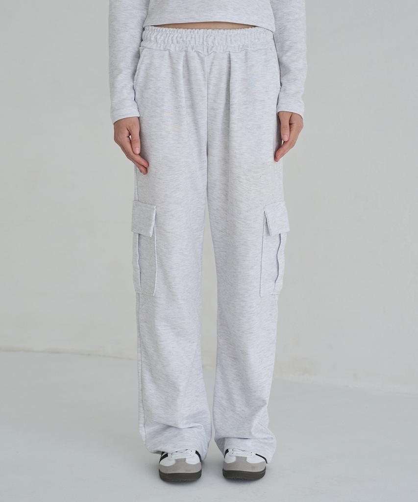 5OML Single-Pleat Wide Cargo Sweatpants (White Melange)