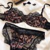 Sexy Leopard Print Women's Underwear French Ultra Thin Lace Bra Set Comfort Underwire Lingerie with High Waist Thongs