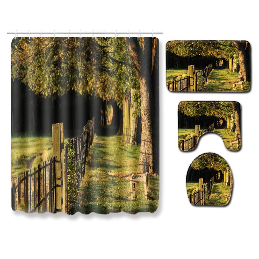 Landscape Shower Curtain Floor Mat Combination Four-Piece Set Bathroom Toilet Carpet Shower Room Mat Foot Mat