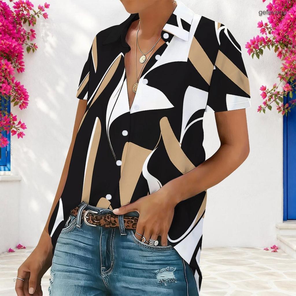 Women Plus Size Short Sleeve Shirt Abstract Geometric Print Button Down Casual Blouse Loose Fit Tops For Summer Daily Office Wear