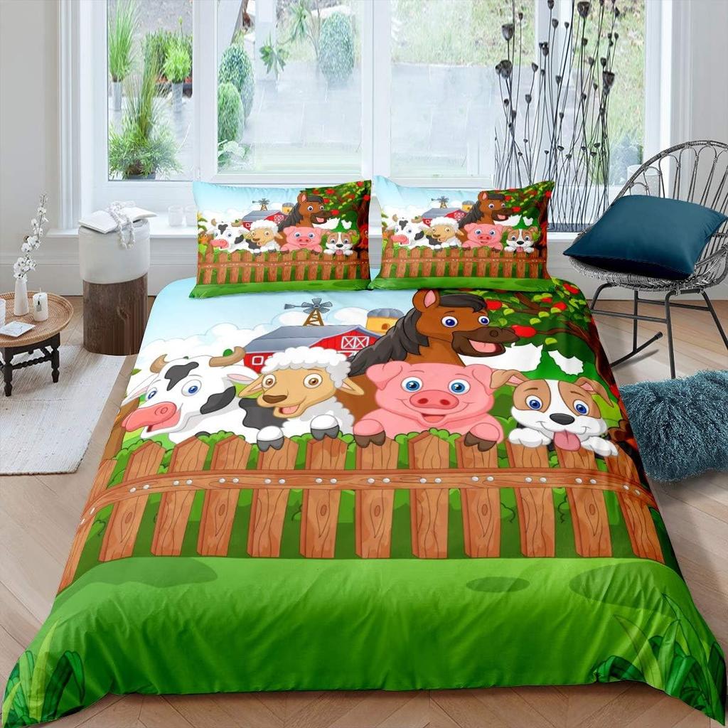 Cartoon Animal Duvet Cover Set, Farm Animal Comforter Cover, Rustic Farmhouse Bedding Set Twin Queen For Kids Boys Girls Adults
