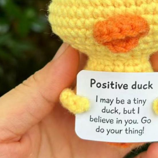 Positive Crochet Yellow Duck Doll with Encouraging Card Emotional Support Handmade Knitting Animal Decoration Ornament Kids Adults Stress Relief Toy