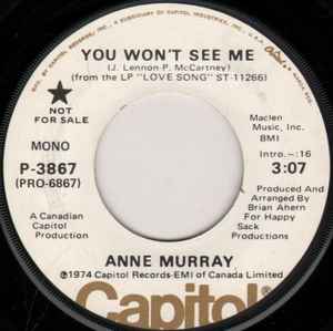 7inch Record ANNE MURRAY - You Won't See Me P3867PROMO Capitol Records 1974 US Rock Used