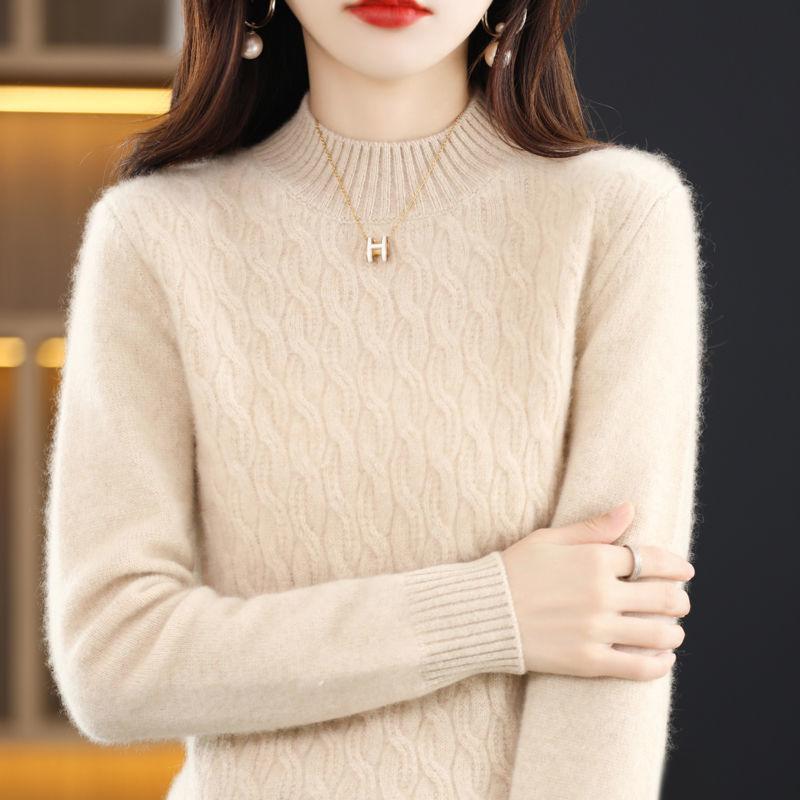 Пуловер, женский свитер с полувысоким воротником, осенне-зимний крученый кашемировый свитер, женский свитер свободной вязки снизу