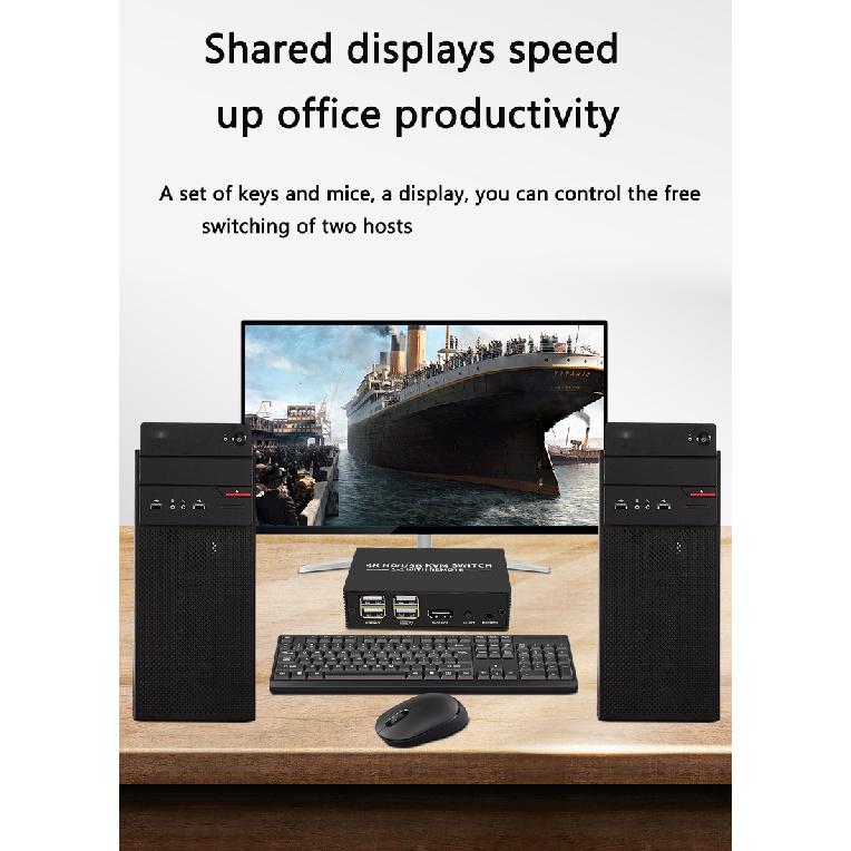 4K 60Hz KVM Switch 2x1 HDMI-compatible USB KVM Switcher 2 in 1 out 4 port-USB Hub for 2 PC Share Monitor Mouse Keyboard Printer 4