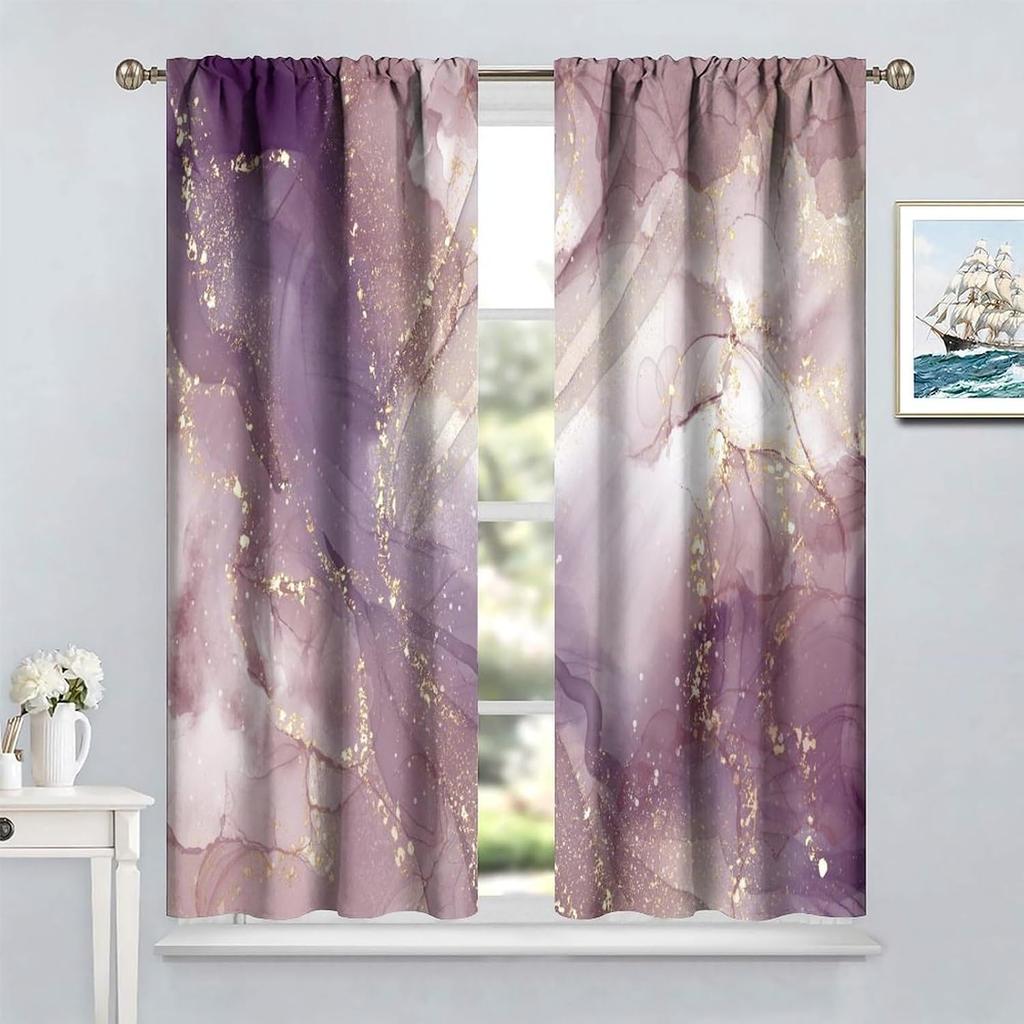Luxury Purple Alcohol Ink Marble Gold Foil Blackout Curtain 2 Panels Abstract Swirl Glitter Print Window Drape Chic Living Room