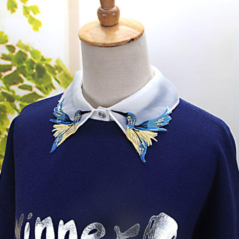 Women Shirt Fake Collar Tie Fashion Heavy Bird Embroidery Crystal Sewing Detacha