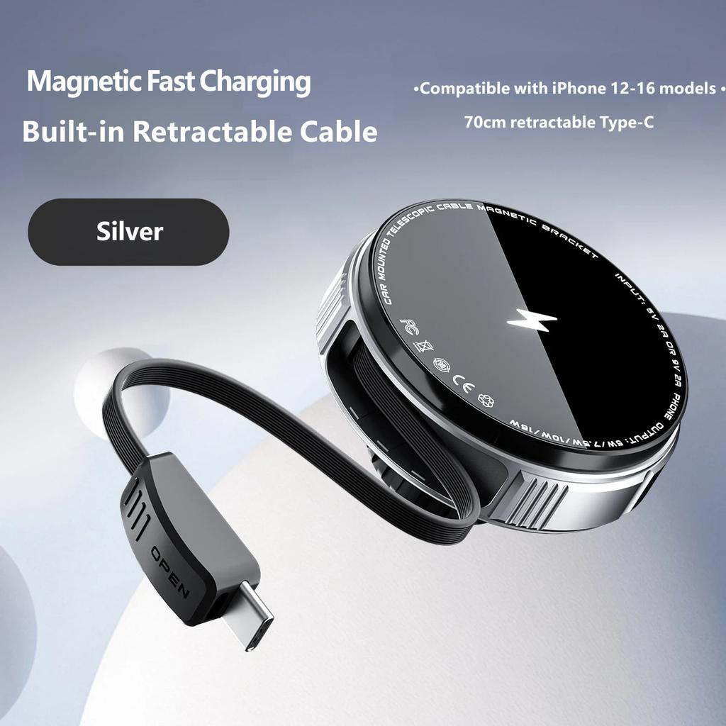 Magnetic Car Wireless Charger Vent Mount for iPhone, Retractable Cable Fast Charging 15W MagSafe Compatible Phone Holder with Strong Magnet