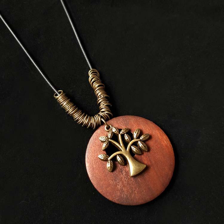 Женское ожерелье из хлопка и льна в этническом стиле из дерева в стиле ретро с кулоном в виде листа из сплава