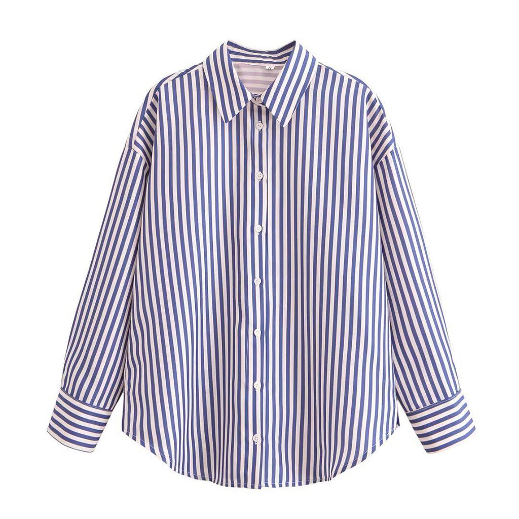 2025 Spring Women's Metallic Thread Striped Long Sleeve Shirt with Turn-Down Collar, European & American Style.