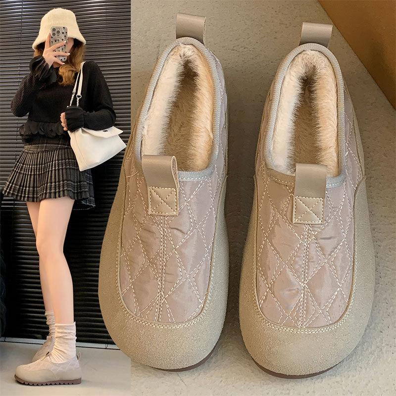 Мода 2024 Зима Новый Стиль Плюс Бархат Теплые Женские Туфли Лоферы Мягкая Подошва Нескользящие Водонепроницаемые Модные Хлопковые Туфли Повседневные Кроссовки