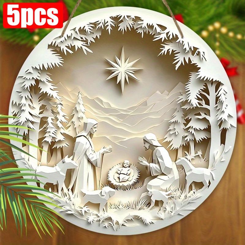 5 шт. деревянная вывеска с изображением рождественской сцены, 2D, плоский рельефный эффект, Иисус гонится за потерянным ягненком, круглая вывеска для настенного декора, идеальное рождественское украшение