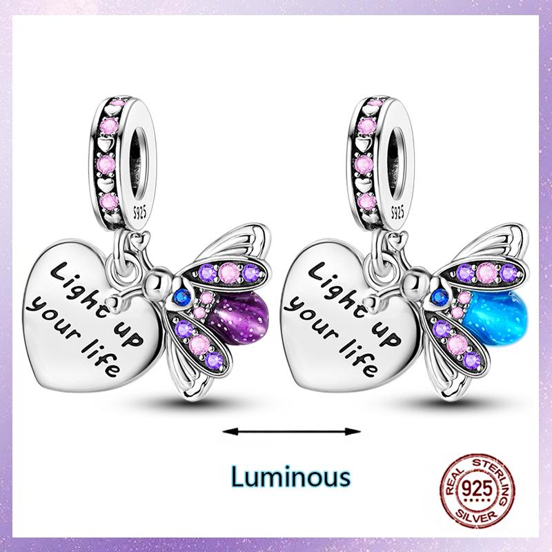 Фиолетовые Шармы Медный Fit Оригинальный Подвесной Браслет Бабочка Стекло Сердце Перо Клип Шарм Подвеска Светящаяся Бусина DIY Ювелирные Изделия