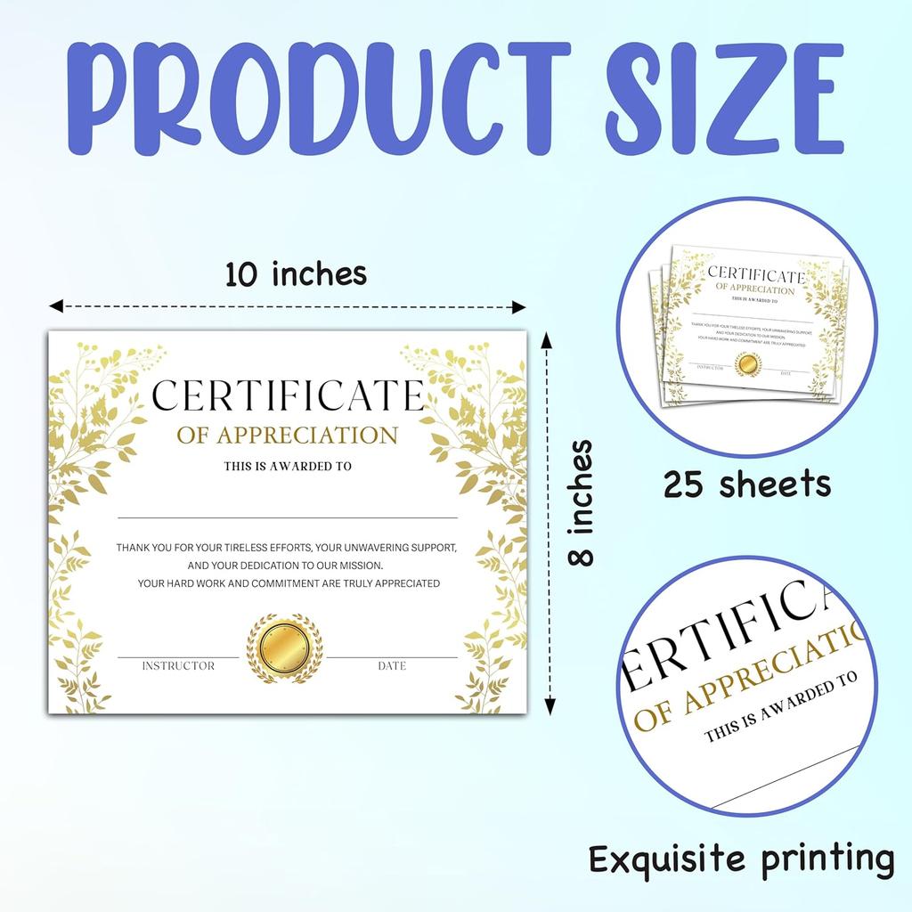 Certificate of Appreciation -25pcs, Certificates of Recognition, Thank You Gifts Certificates for Employees, Staff, Teachers, Volunteers, 8×10 Inch