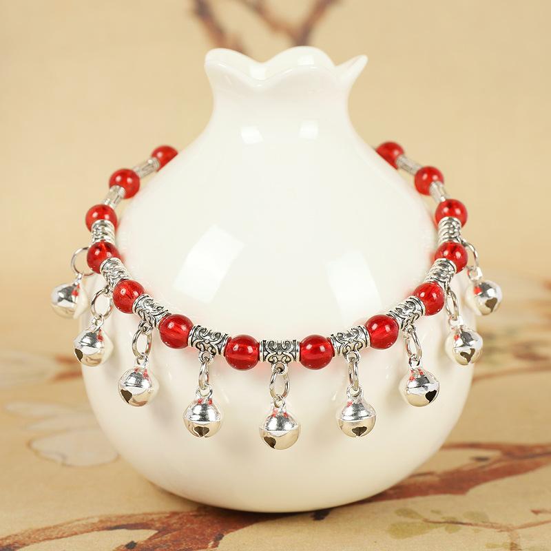 New Red Rope Woven Nine Bells Crystal Anklet Will Ring Women's High-end Temperament Retro Hidden Silver Foot Chain