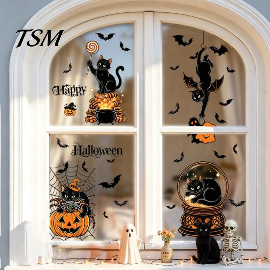 Easy Application Glass Ornaments 4Pcs Halloween Cartoon Window Clings, Pumpkin Ghost Scarecrow Stickers, Clings Removable Waterproof Decals