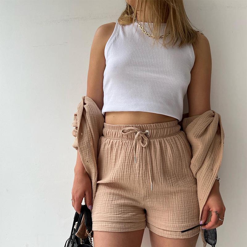 Комплект мятых шорт с широкими штанинами на шнуровке, Мятая ткань, Женский однотонный лонгслив с карманами, Хлопковые шорты, Комплекты из 2 предметов, Повседневный свободный наряд