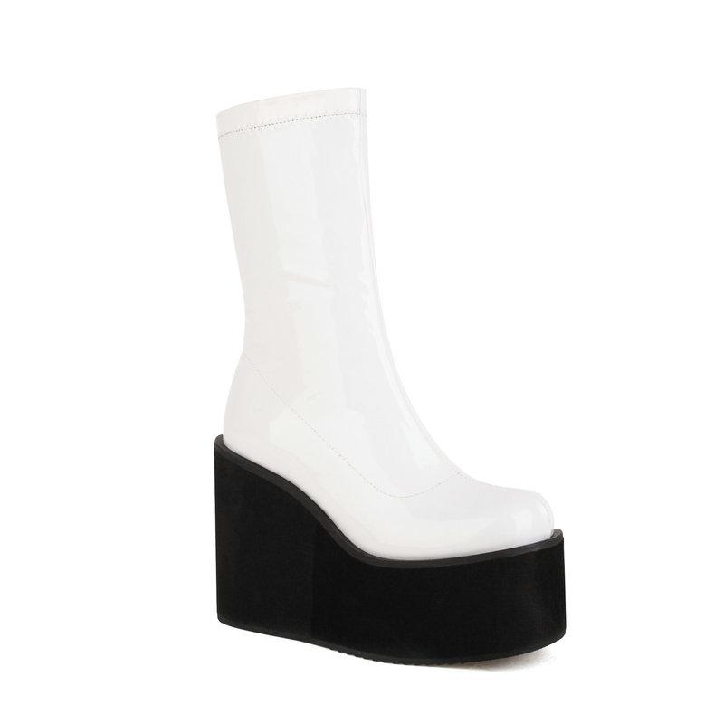 Легкая подошва из пеноматериала, платформа, танкетка, туфли на высоком каблуке для девочек, блестящая лакированная искусственная кожа, красные, белые эластичные ботильоны, готические женские черные сапоги