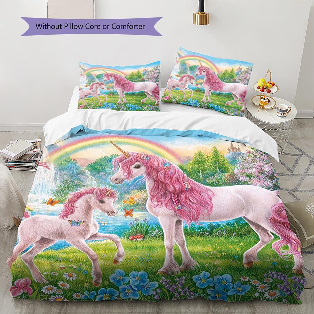 Beautiful Uni-horse Pattern Bedding Quilt Set Quilt Cover Pillowcase Home Decoration Gift (1 * duvet cover + 2 * pillowcase, without core)